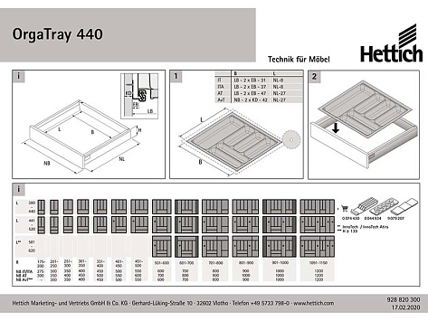 Лоток для столовых приборов OrgaTray 440 для InnoTech Atira/AvanTech YOU/ArciTech, Гл370-440xШ701-800, пластик, серебристый, Art.9194926, Hettich