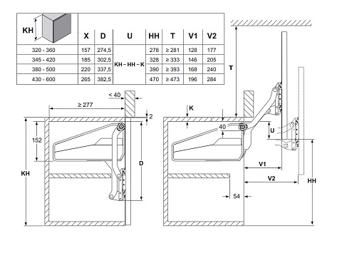 Механизм ФриСлайд P2us, д. фасадов  H345-420 мм, 4,1-8,0кг Art. 2719050006, Kessebohmer