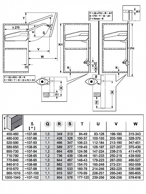 Механизм ФриФолд Шорт I6fs, д. фасадов H840-910 мм, 10,0-20,0 кг Art. 2721040006, Kessebohmer