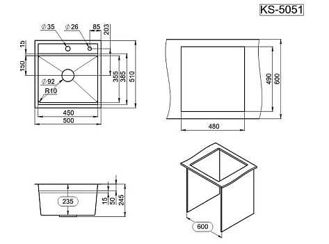 Мойка кухонная Granula KS-6051, 500х510мм, графит матовый, нерж сталь