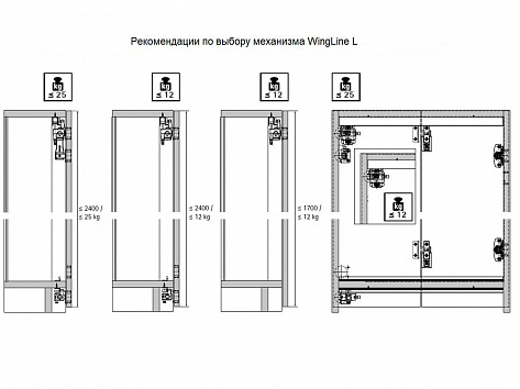 Комплект фурнитуры WingLine L 12кг/H1700мм без самозакрывания (для Push to Open), без нижнего направляющего элемента, левый Art. 9237901, Hettich