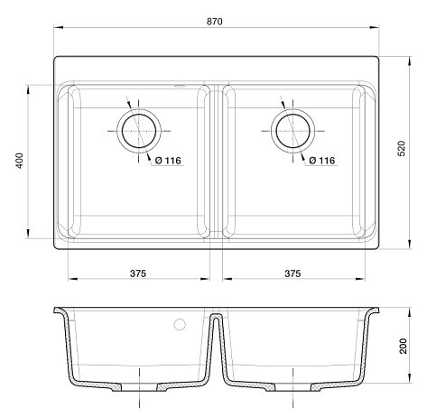 Мойка кухонная Rivelato AXEL 90-2D 2-чаши, 870х520х200 мм, серый металлик