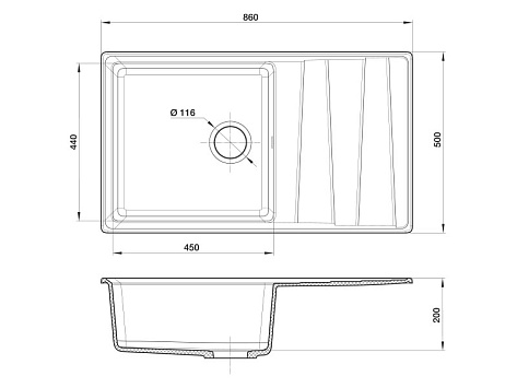 Мойка кухонная Granfest GF - LV-860L, 860х500x200мм, черный, искусственный камень, в комплекте