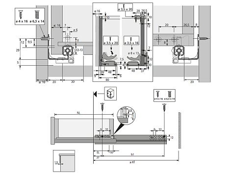 Комплект скрытых направляющих Quadro V6 30/350 Silent System с фиксаторами, Hettich